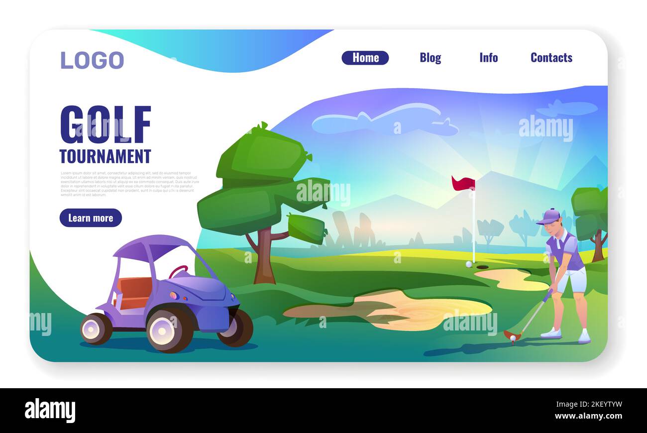 Vector banner or landing page with golf course, player man, golf cart on green play field, sand trap and hole with flagstick. Golfer person in country sports club. Golf tournament web page template Stock Vector