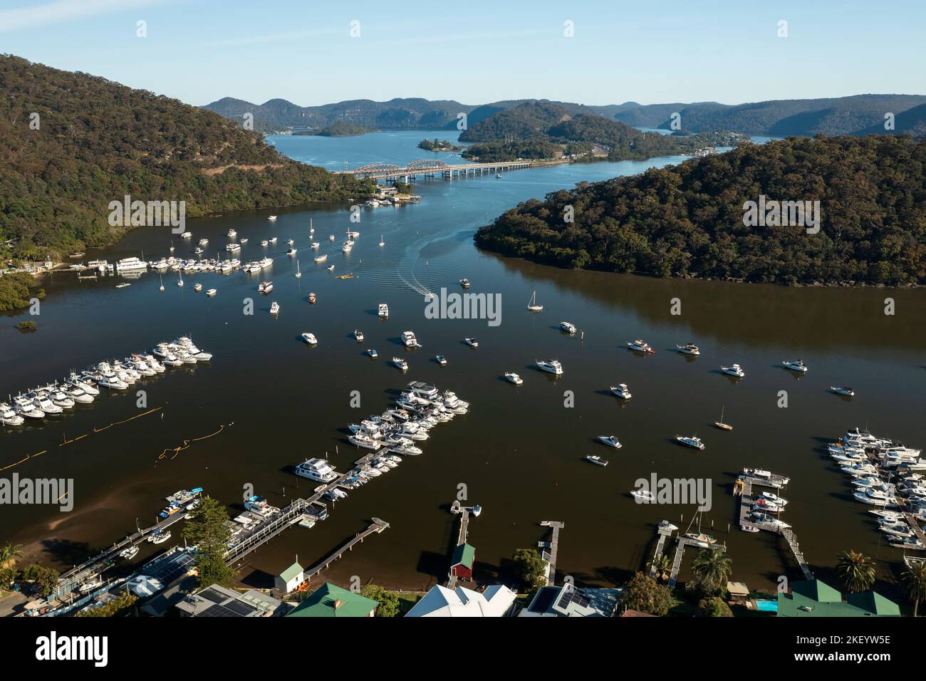 Aerial view over the Brooklyn marina towards Mooney Mooney and the Hawkesbury RIver estuary, NSW, Australia Stock Photo