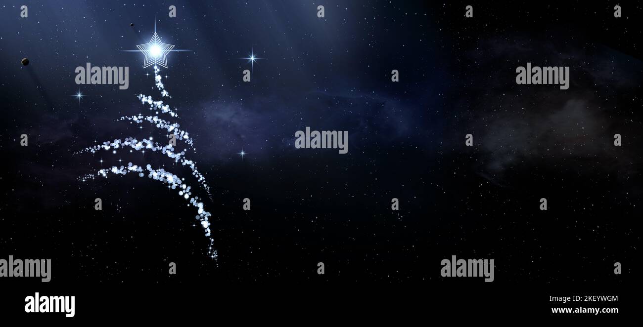 merry space christmas. holiday deep universe astrology banner with xmas star tree Stock Photo