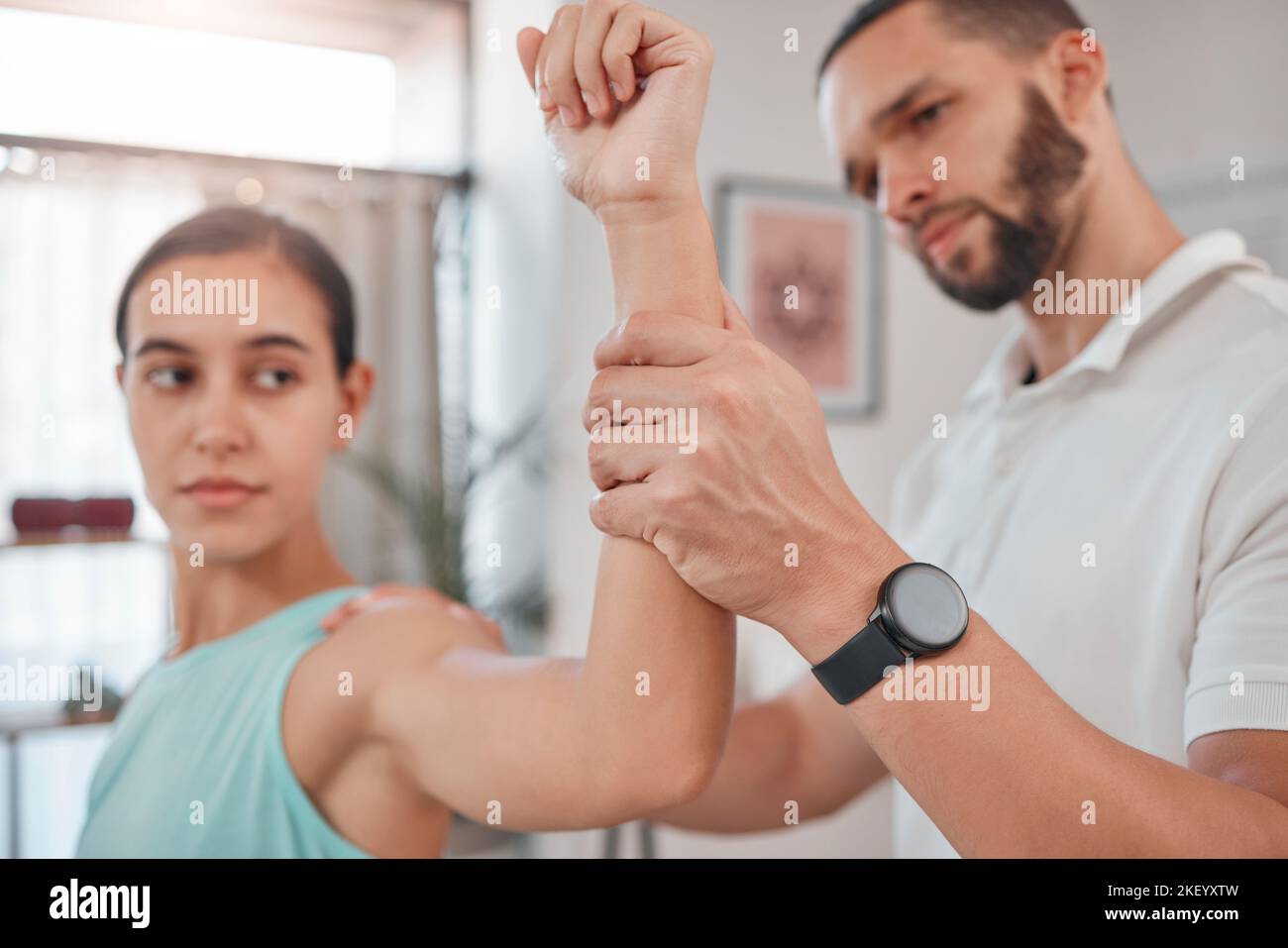 Physical therapy, exam and physiotherapy with woman muscle in