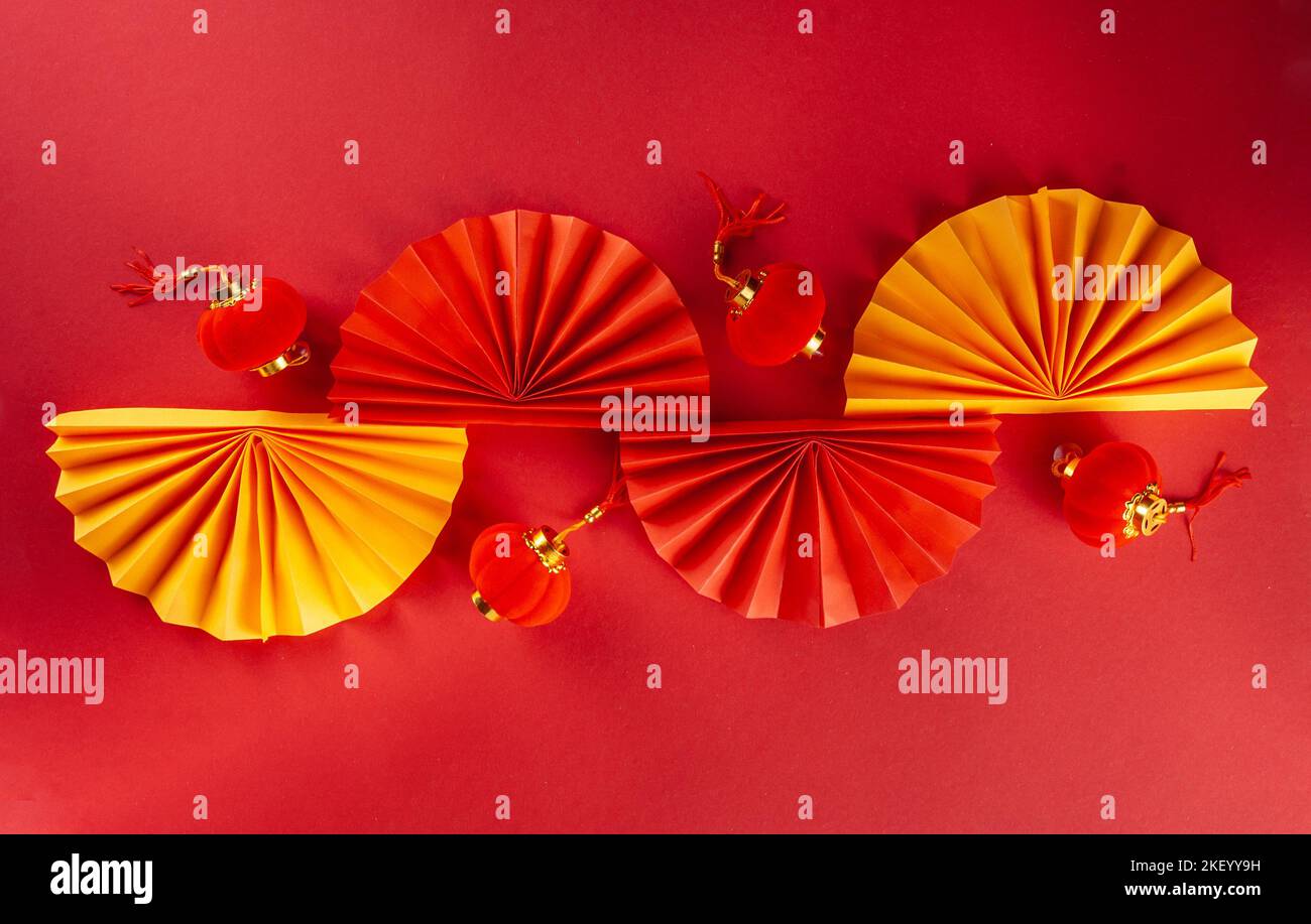 Chinese new year background. Red and golden yellow flatlay with