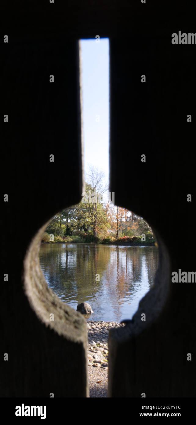 View through a decorative hole in the back of a bench at RHS Wisley, England. Stock Photo