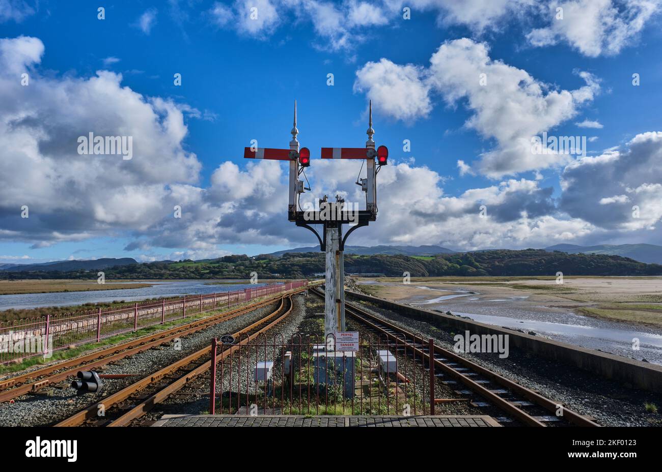 The Ffestiniog Railway crossing The Cob, Porthmadog, Gwynedd, Snowdonia