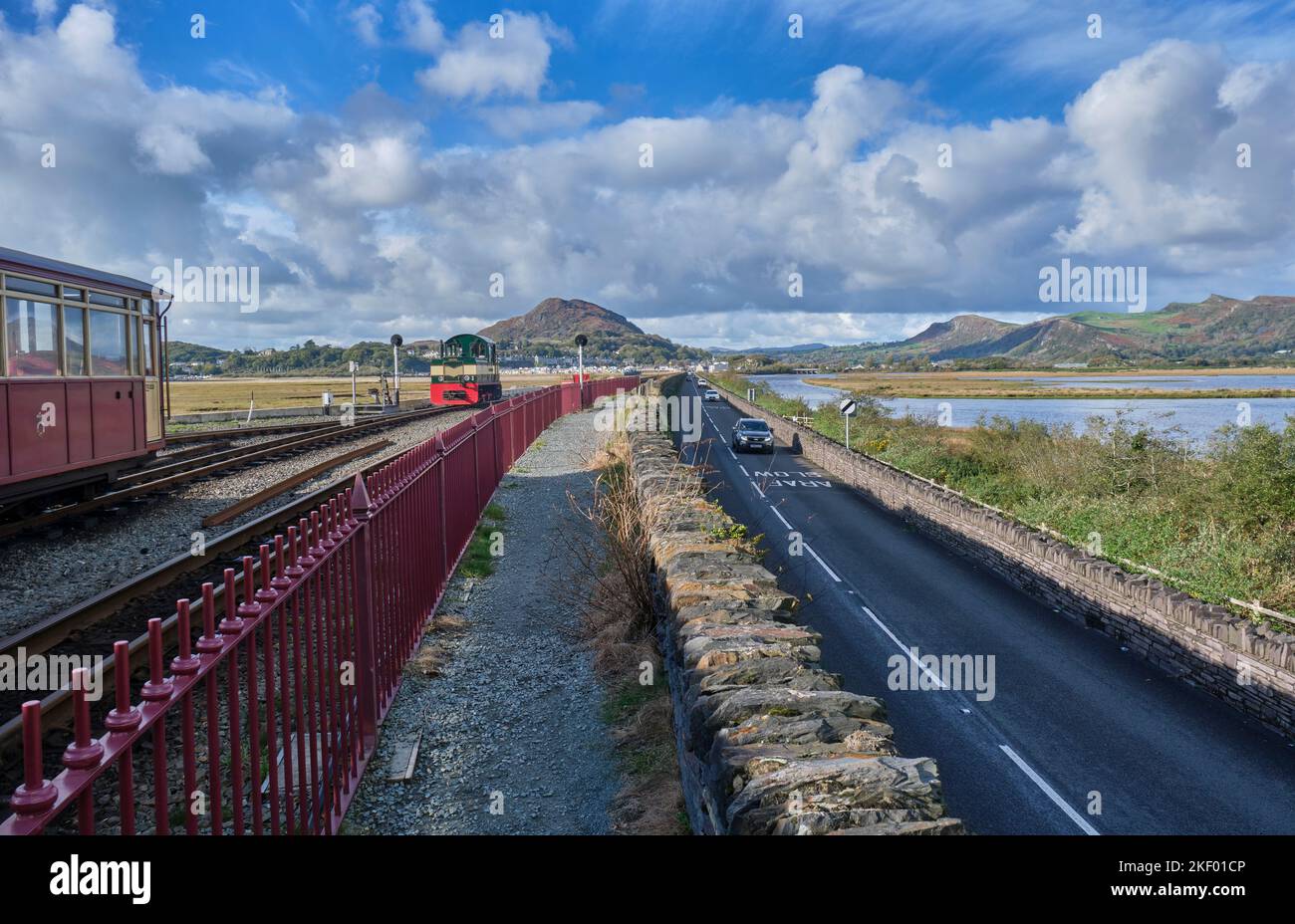 Engine and train on the Ffestiniog Railway, Porthmadog, Gwynedd