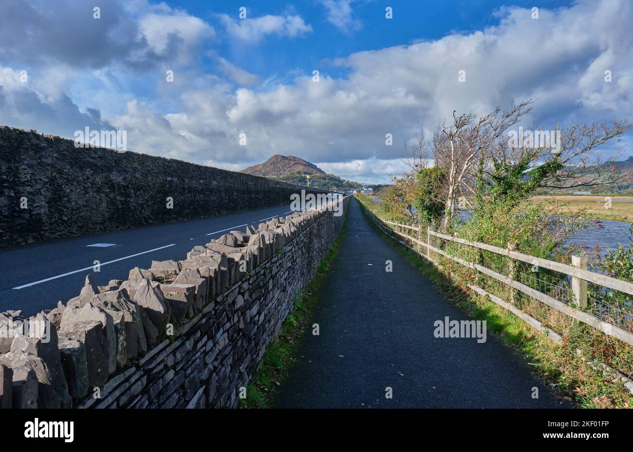 The cycle path along The Cob, Porthmadog, Gwynedd, Snowdonia, Wales