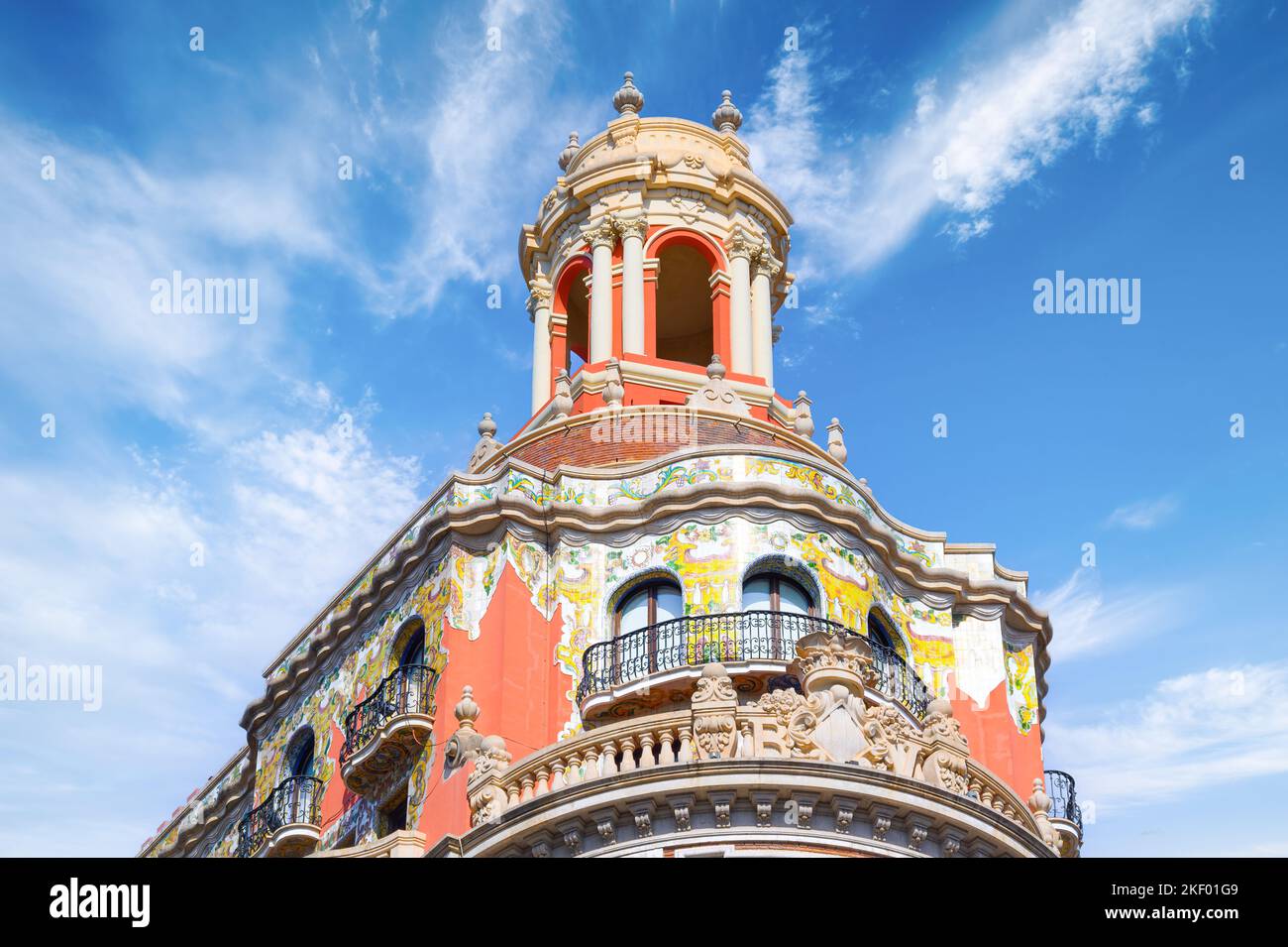 Valencia, Spain - November 5, 2022: Exterior architecture of the Bank of Valencia colonial building. The landmark is a tourist attraction. Stock Photo