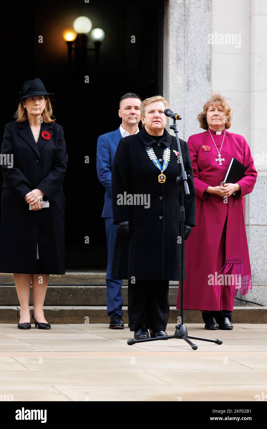 The Aristice service in Birmingham City Centre at 11am on November 11th 2022. The service attended by the Lord Mayor took place outside The Hall of Memory. Dignitries giving speeches. Stock Photo