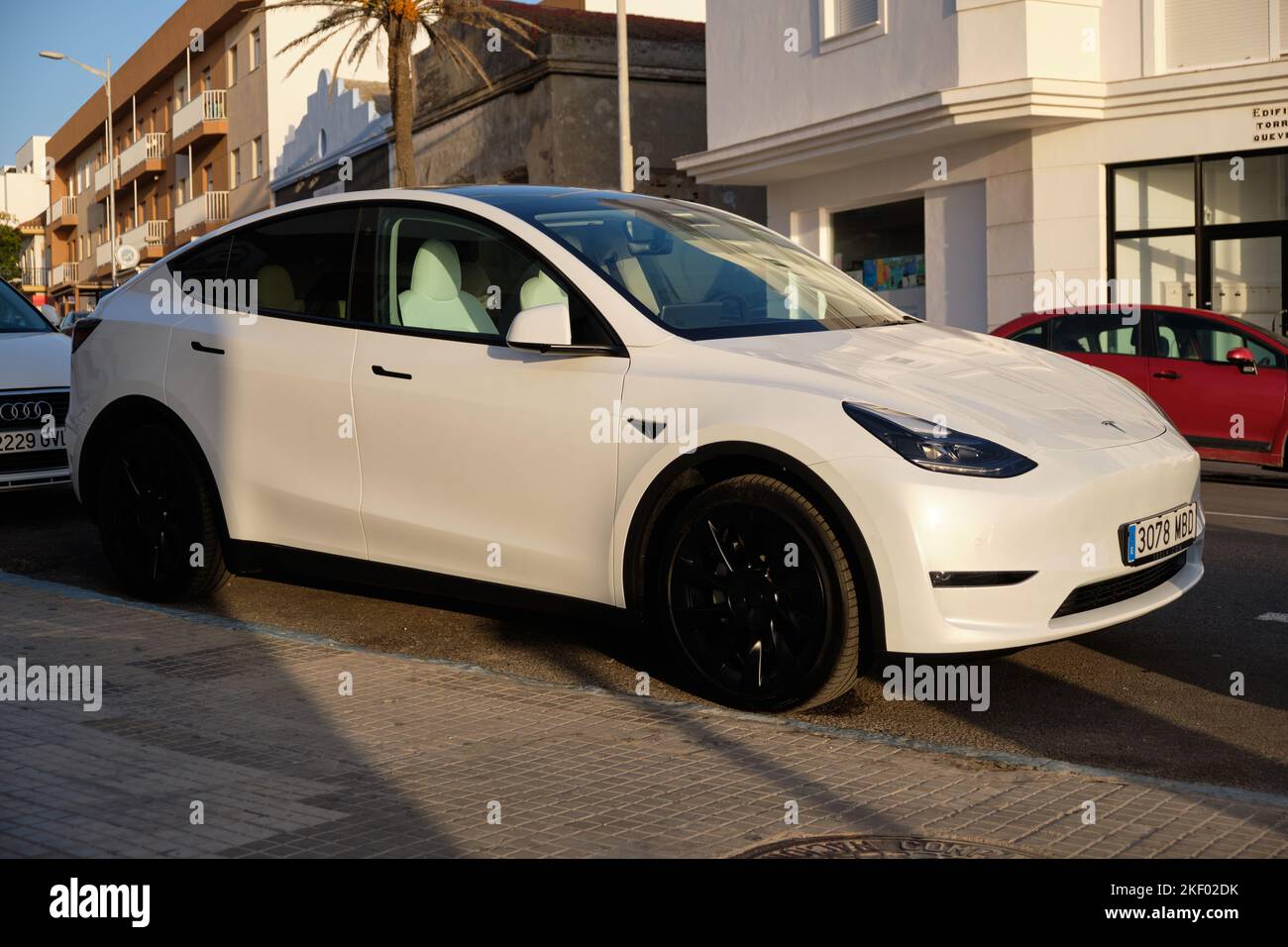 2022 Tesla Model Y in Tarifa, Cádiz, Spain. Stock Photo