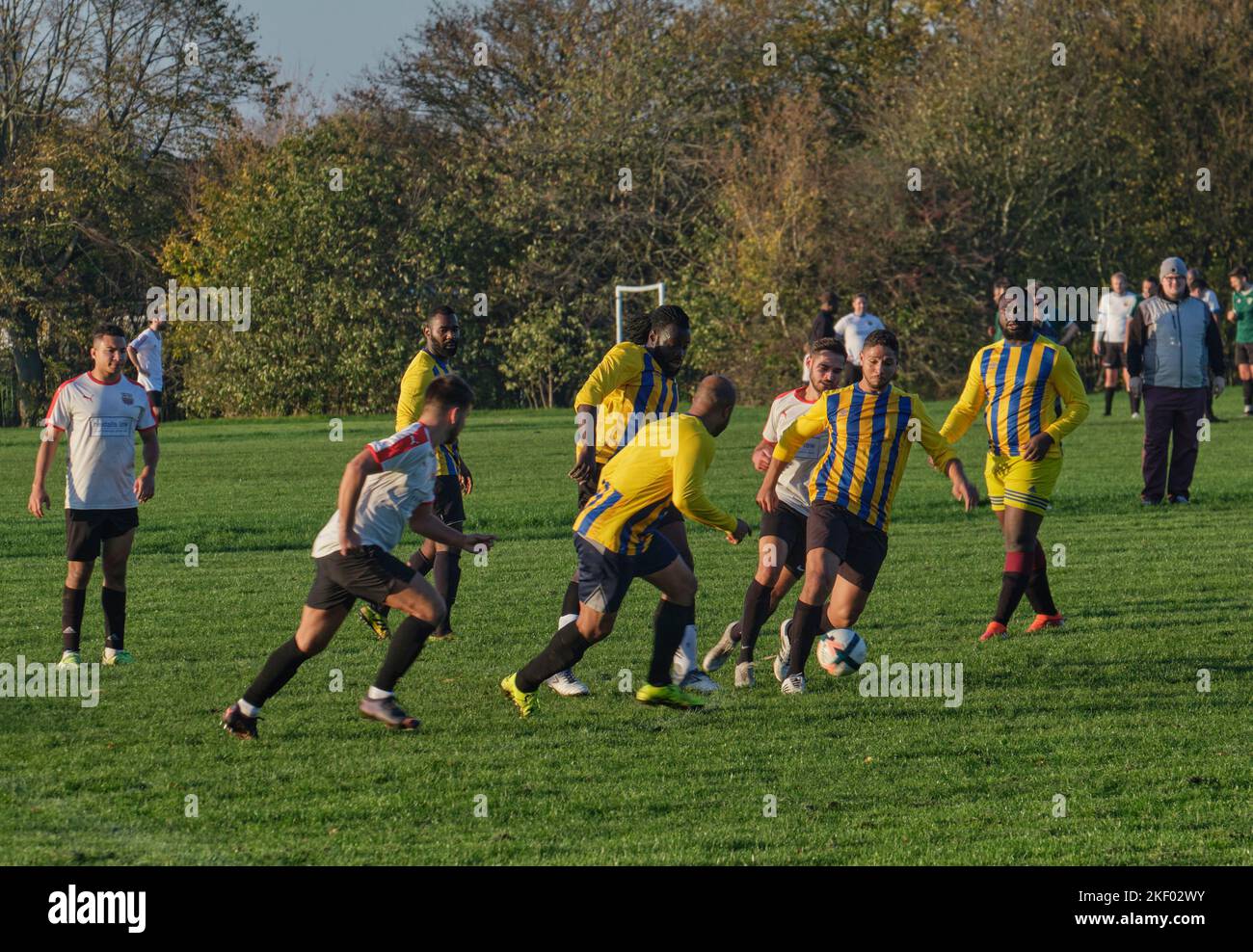Amateur club footballers playing a match over the weekend in Bromley, Kent. Stock Photo