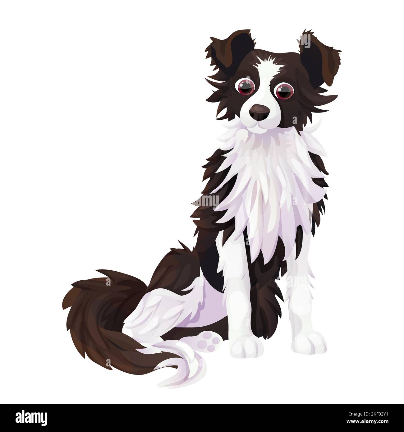 Border collie cute pet, character sitting in cartoon style isolated on white background. Detailed fur, adorable animal. Vector illustration Stock Vector