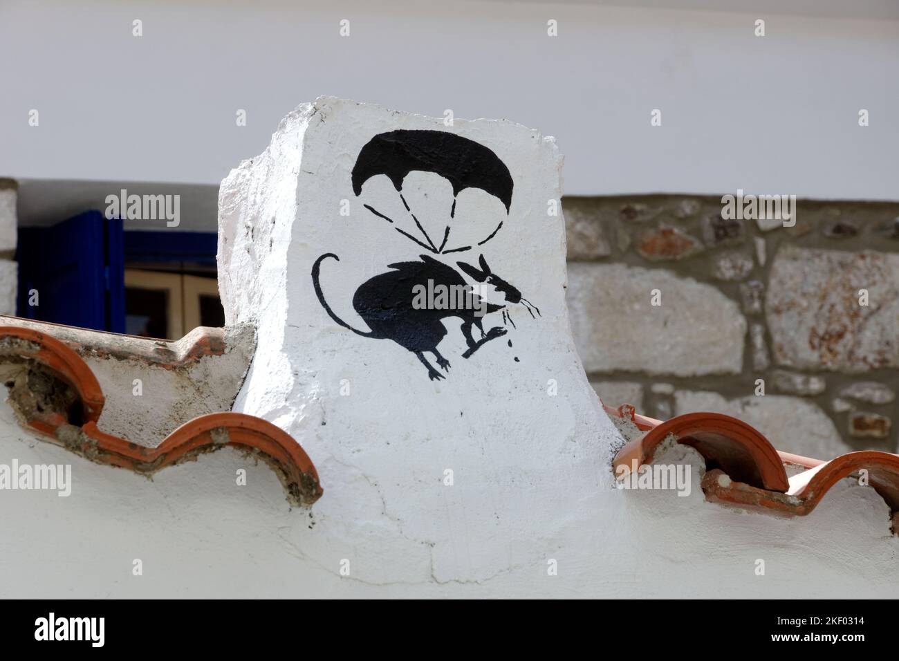 Wall painted with cats and mice, Stone House Gallery, Petra, Lesbos