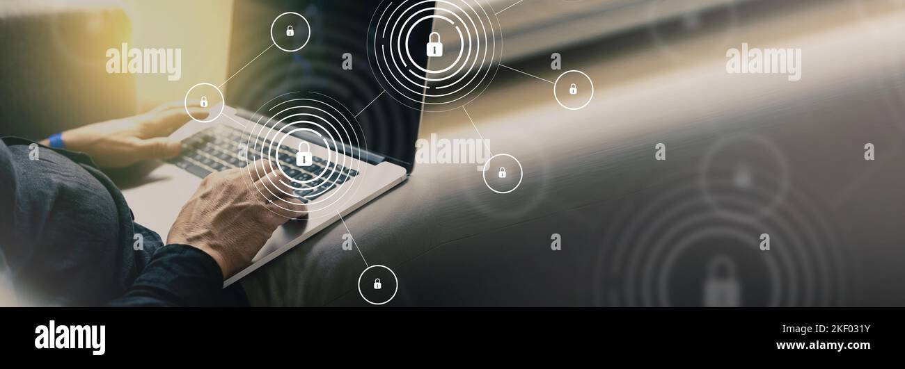 Internet security and data protection concept with man typing on a ...