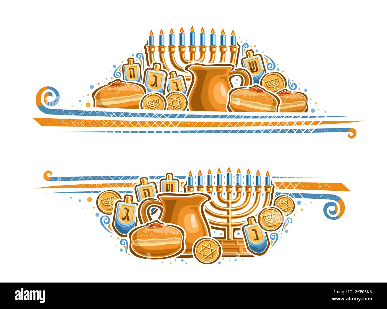 Vector border for Hanukkah with empty copy space for congratulation text, decorative greeting card with illustration of gold menorah, blue burning can Stock Vector