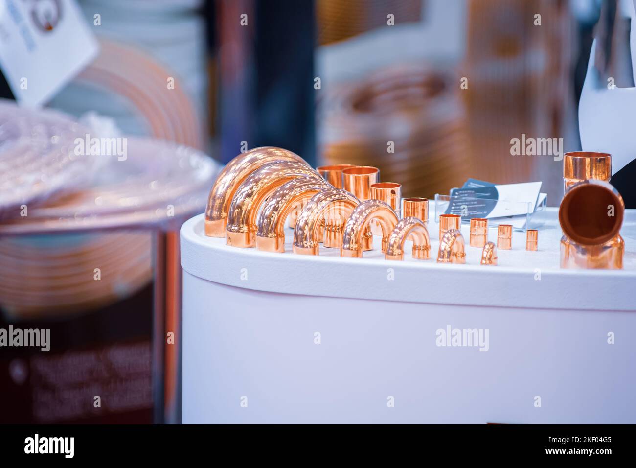 Copper pipe fittings. Set of connecting angle pipes made of copper