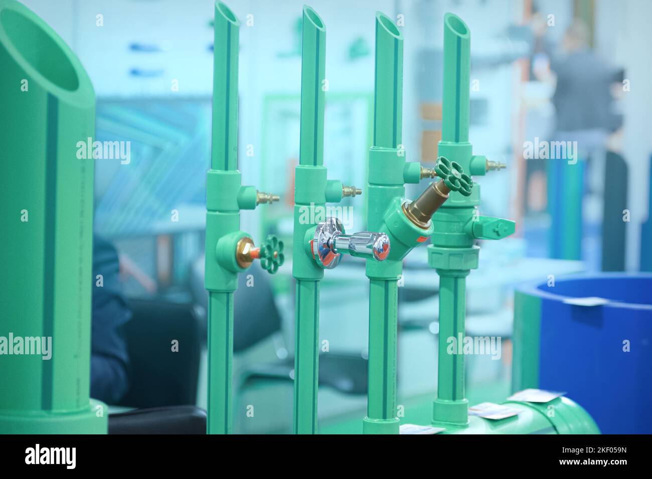 Plastic pipes for water supply with embedded shutoff valves Stock