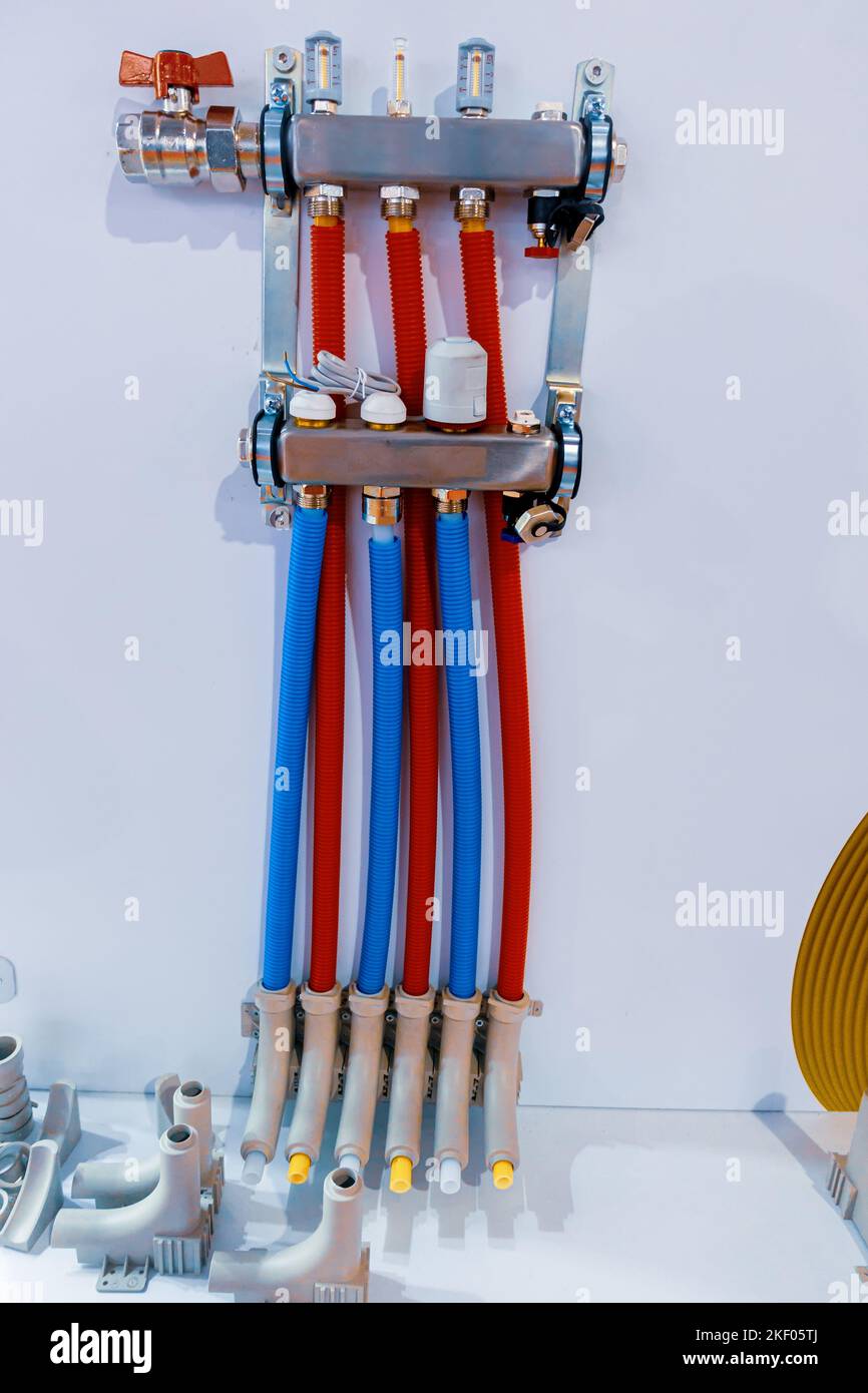 Multilayer composite pipes. Underfloor heating pipe system Stock Photo