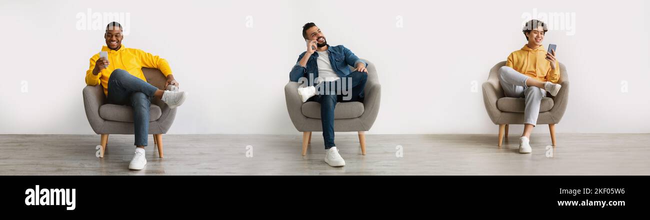 Three Different Men Using Mobile Phones While Relaxing In Armchairs At Home Stock Photo