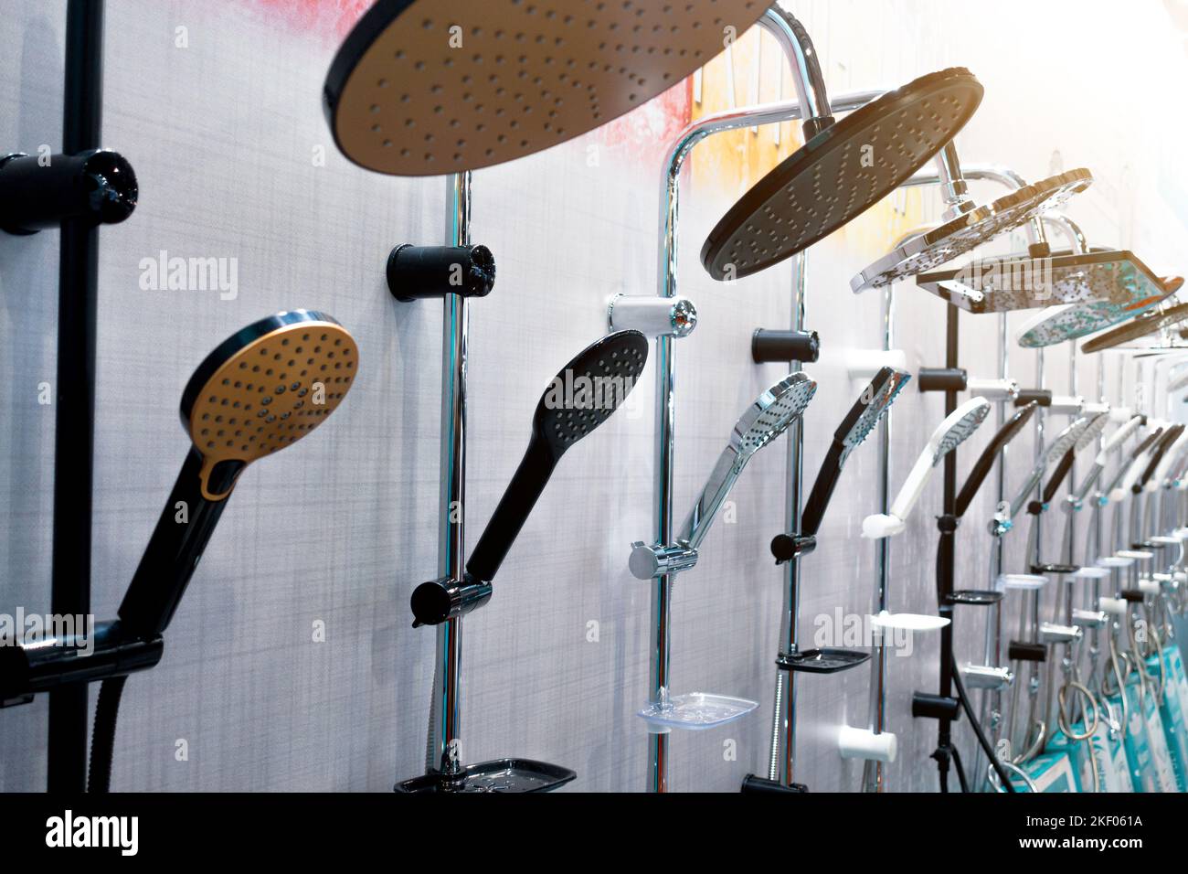Shower heads. Glossy round shower over the ceilings in the bathroom