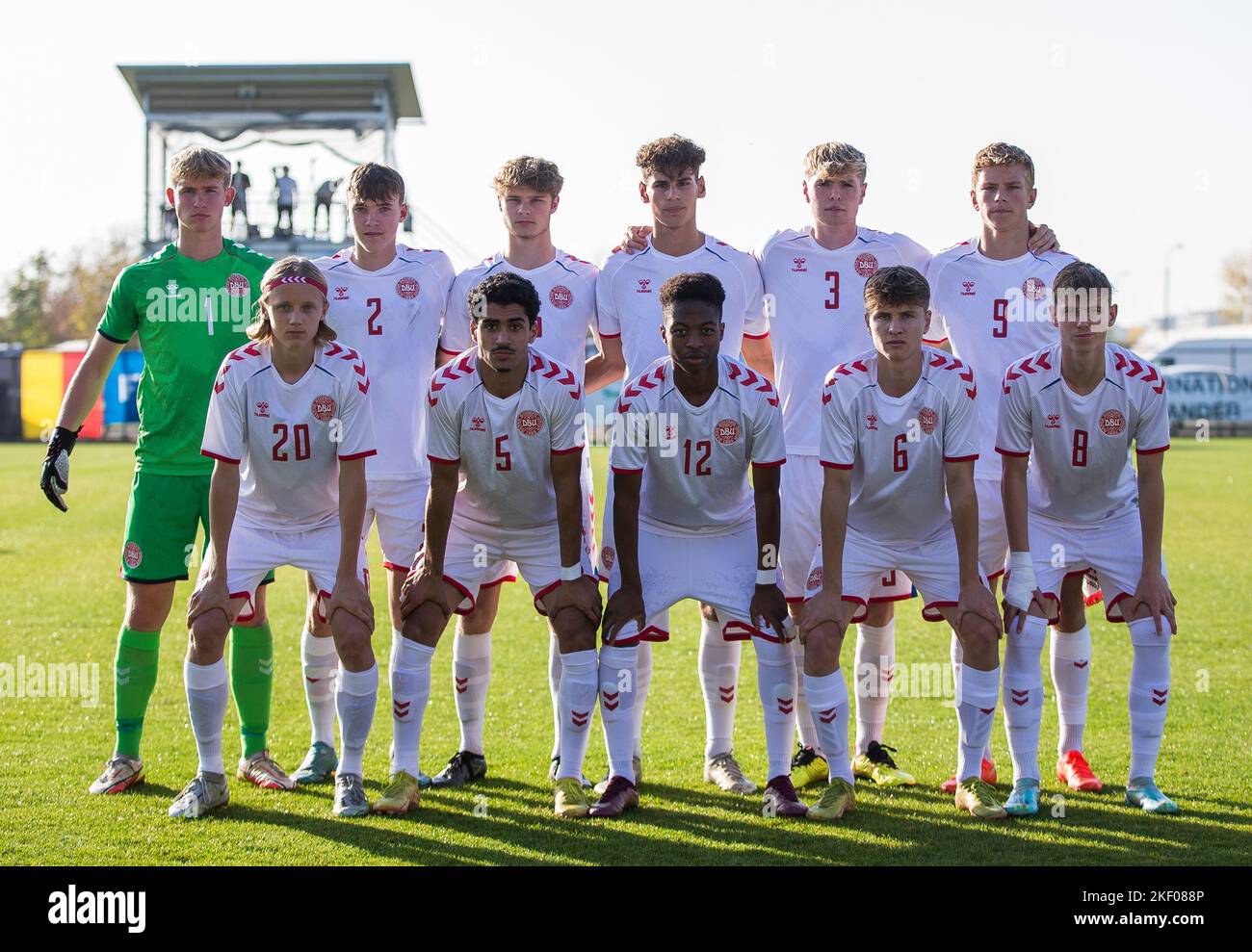 Bucharest, Romania, 1st November 2022. The team of Denmark line-up during the UEFA Under-17 Men European Championship Qualifier match between Denmark and Belgium at Football Training Centre FRF in Bucharest, Romania. November 1, 2022. Credit: Nikola Krstic/Alamy Stock Photo