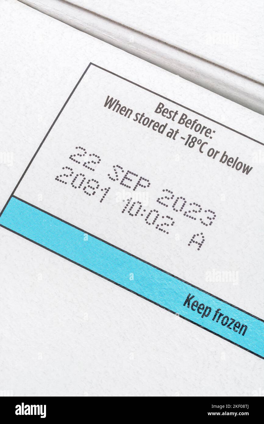 Closeup shot of food Best Before Date / BBD on cardboard box of ASDA