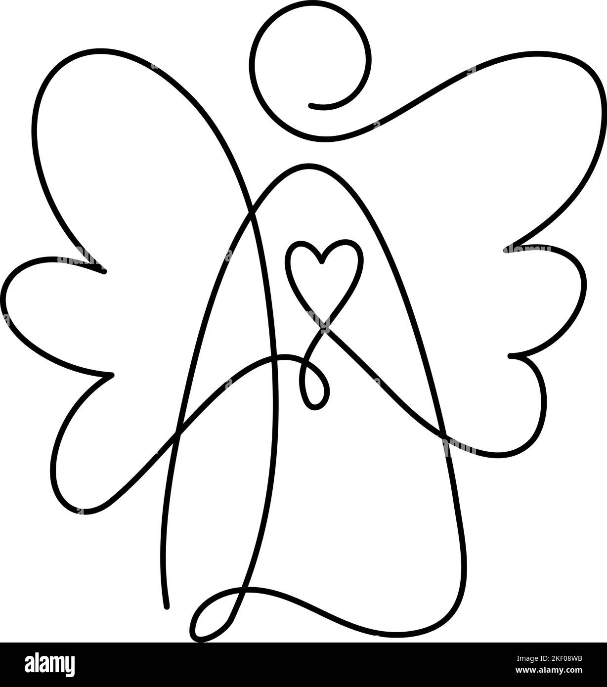 Simple vector Christmas angel with heart, continuous one line drawing