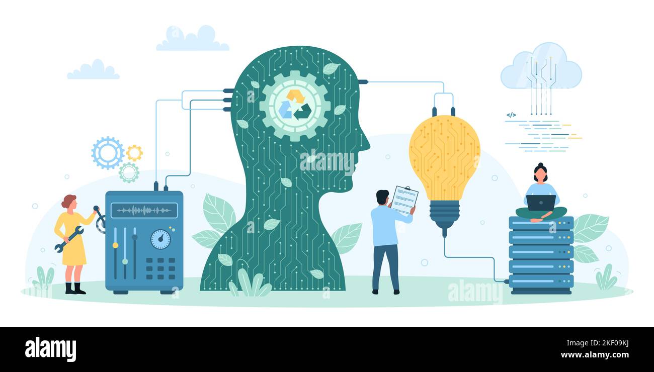 Eco ideas, innovation and green technology to save ecology and environment vector illustration. Cartoon tiny people connect light bulb, brain of human head and tech equipment in creative circuit Stock Vector