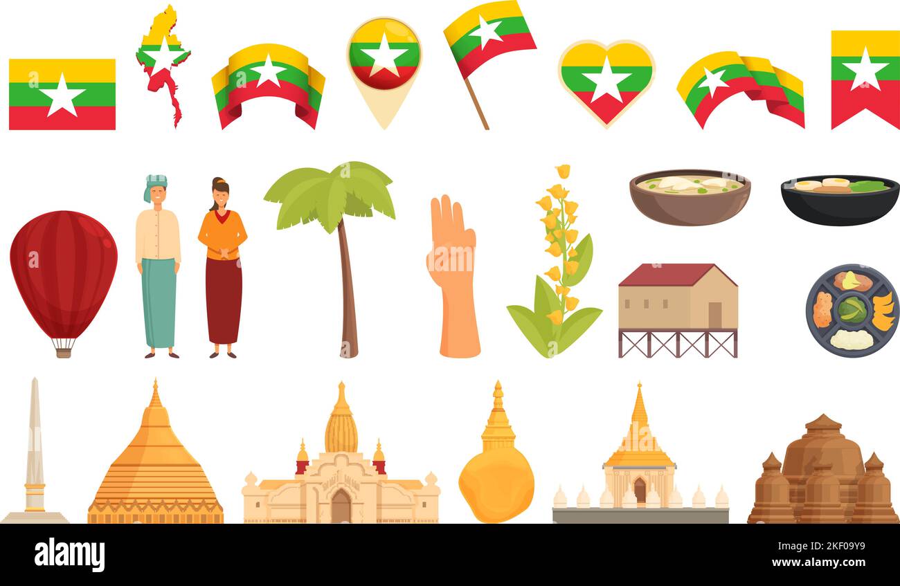 Myanmar icons set cartoon vector. Burma landmark. Yangon map Stock Vector