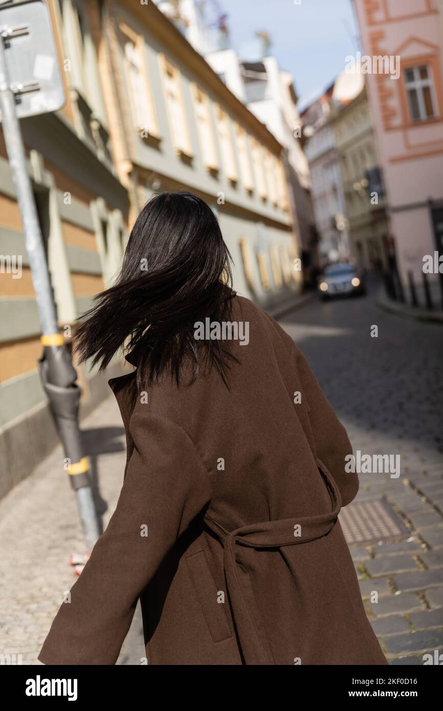 Back view of brunette woman in coat standing in blurred street in ...