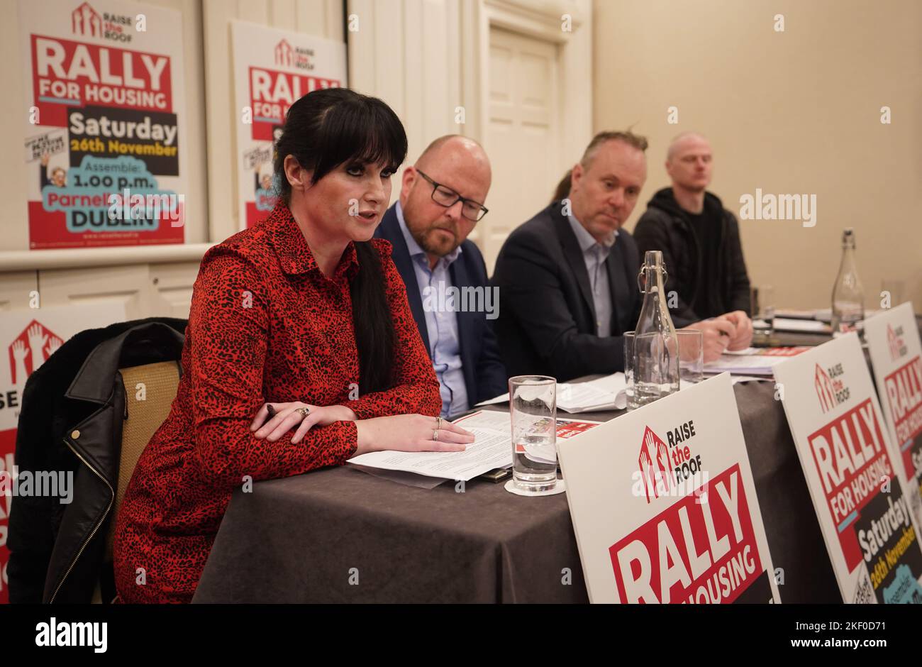 (left to right) Rose Marie Maughan, Owen Reidy General Secretary Irish Congress of Trade Unions, Macdara Doyle and James O'Toole; Tathony House Resident speaking at the launch of the Raise the Roof Rally for housing at Buswells Hotel in Dublin. Picture date: Tuesday November 15, 2022. Stock Photo