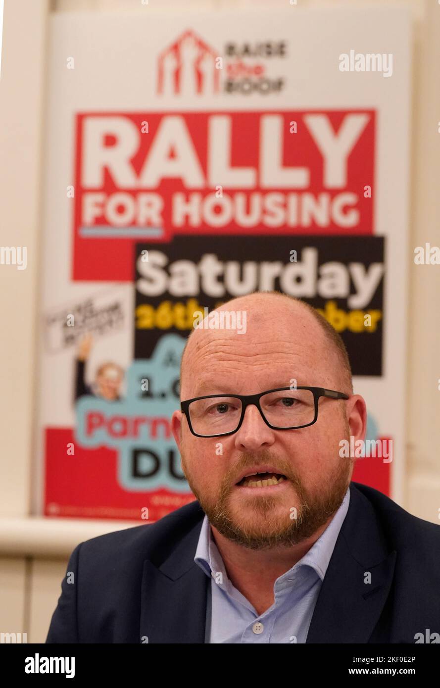 Owen Reidy, General Secretary Irish Congress of Trade Unions speaking at the launch of the Raise the Roof Rally for housing at Buswells Hotel in Dublin. Picture date: Tuesday November 15, 2022. Stock Photo