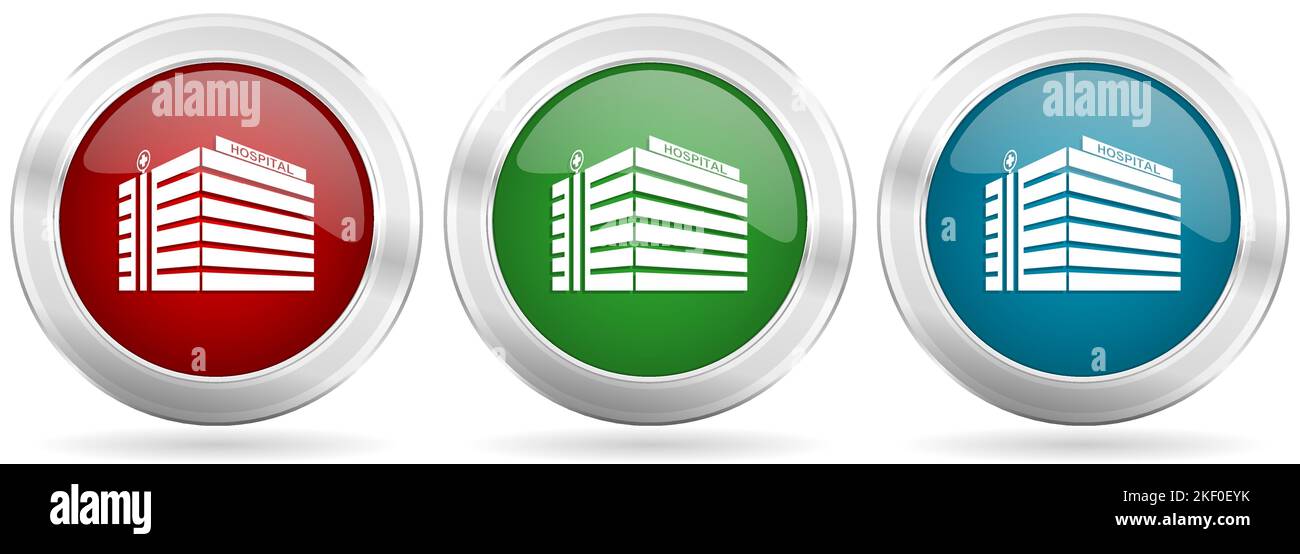 Hospital building vector icon set. Red, blue and green silver metallic ...