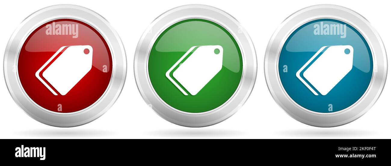 Label ticket vector icon set. Red, blue and green silver metallic web ...