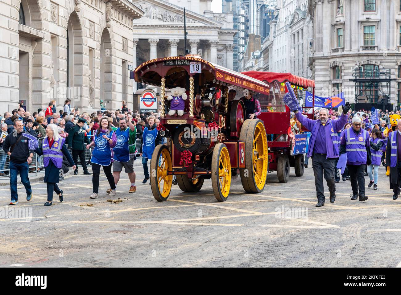 Rotary in London at the Lord Mayor's Show parade in the City of London, UK. Traction engine pulling a trailer. Showman's road locomotive 'Obsession' Stock Photo