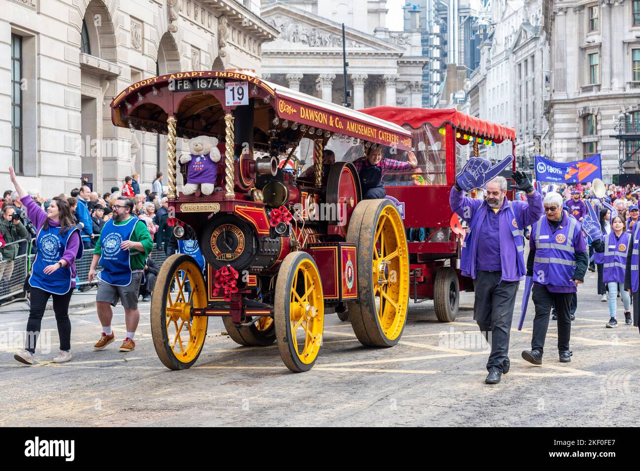 Rotary in London at the Lord Mayor's Show parade in the City of London, UK. Traction engine pulling a trailer. Showman's road locomotive 'Obsession' Stock Photo