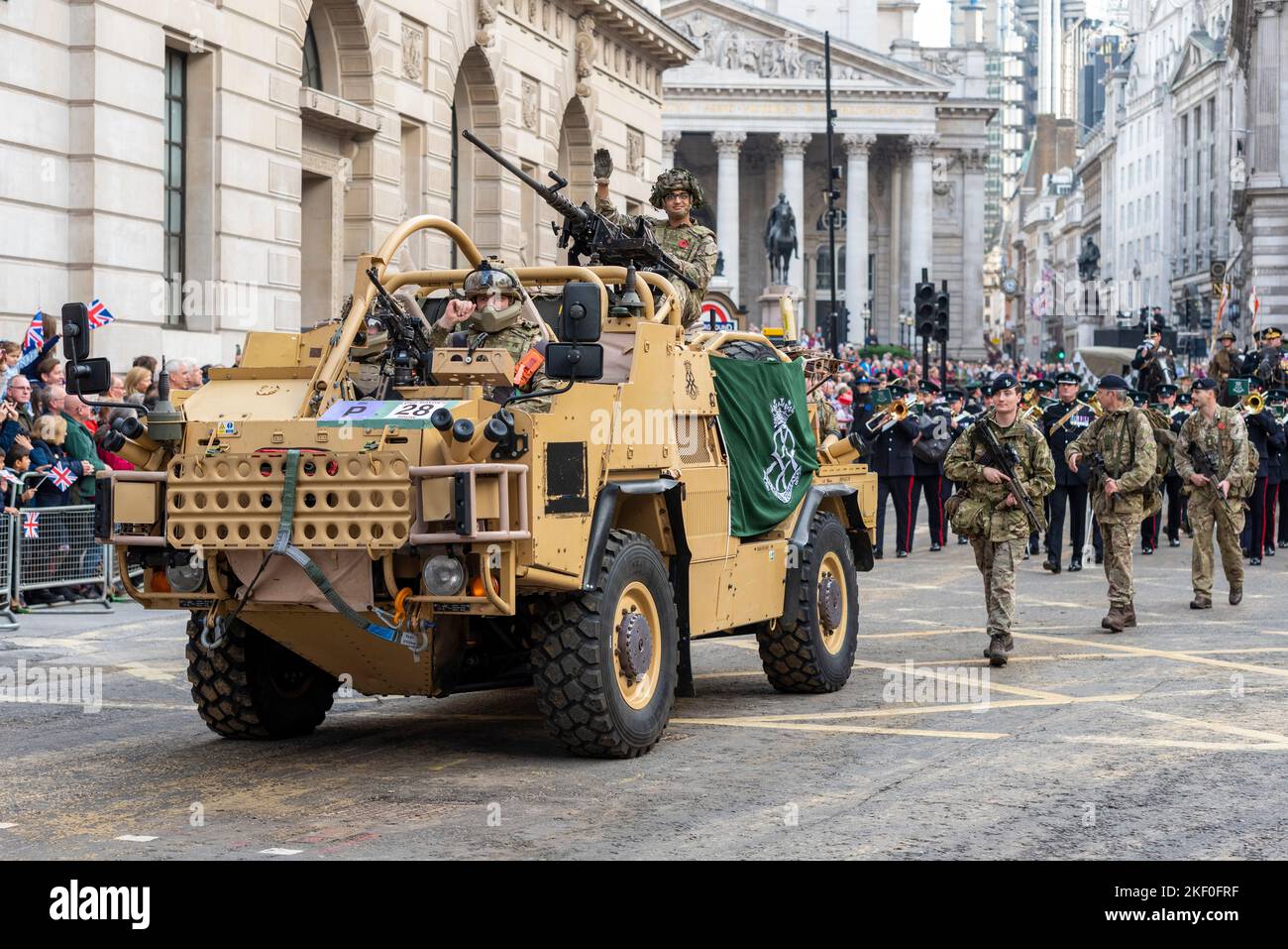 The Royal Yeomanry, Army Reserve Light Cavalry regiment at the Lord Mayor's Show parade in the City of London, UK. Jackal vehicle and soldiers Stock Photo