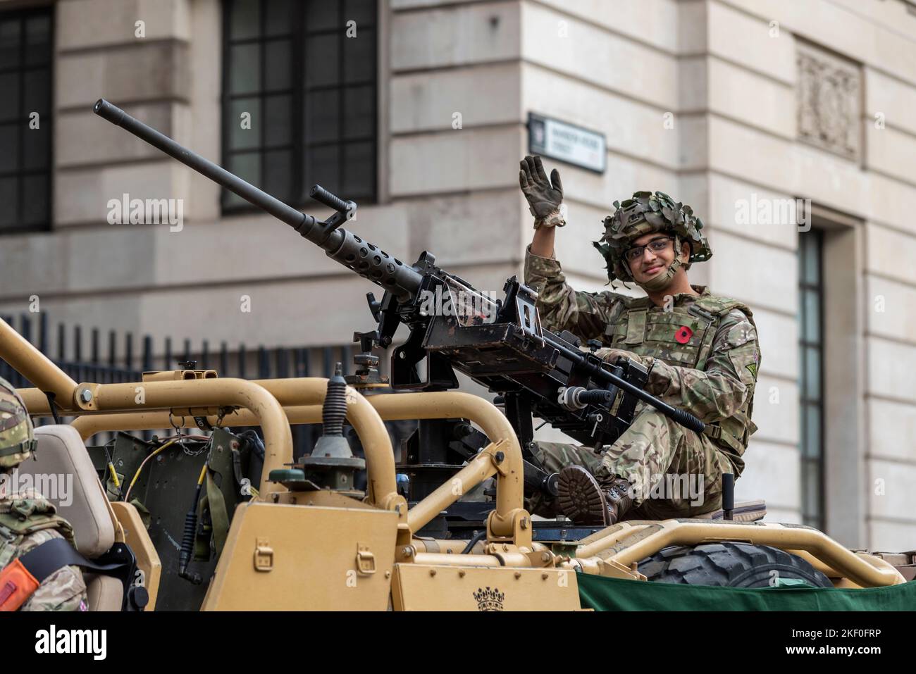 The Royal Yeomanry, Army Reserve Light Cavalry regiment at the Lord Mayor's Show parade in the City of London, UK. Gunner on a Jackal vehicle Stock Photo