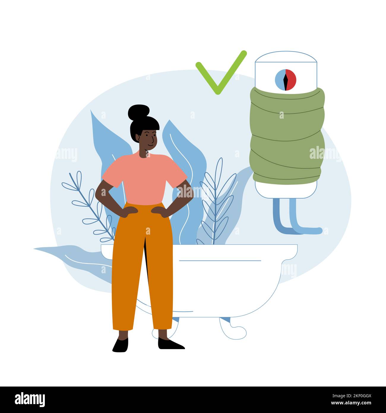 Woman isolate water tank in bathroom. Ecological awareness. Reduce