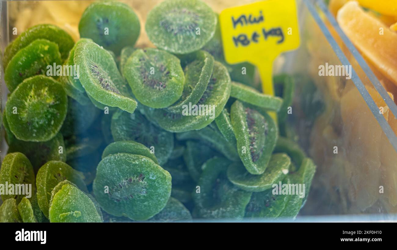 Showcase with kiwi Dried fruits Stock Photo Alamy