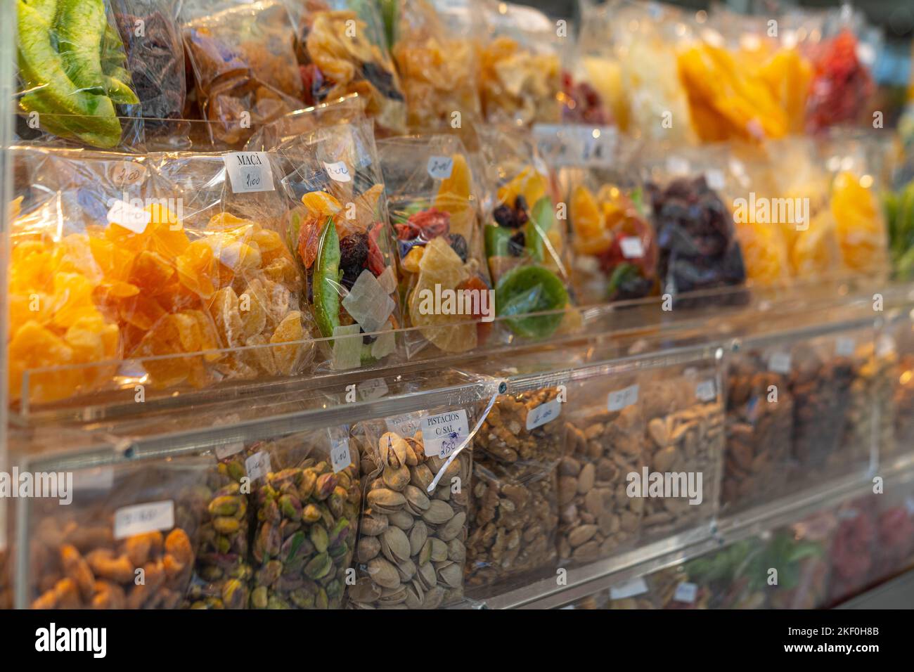 Showcase with Dried fruits typical Portuguese products Stock Photo