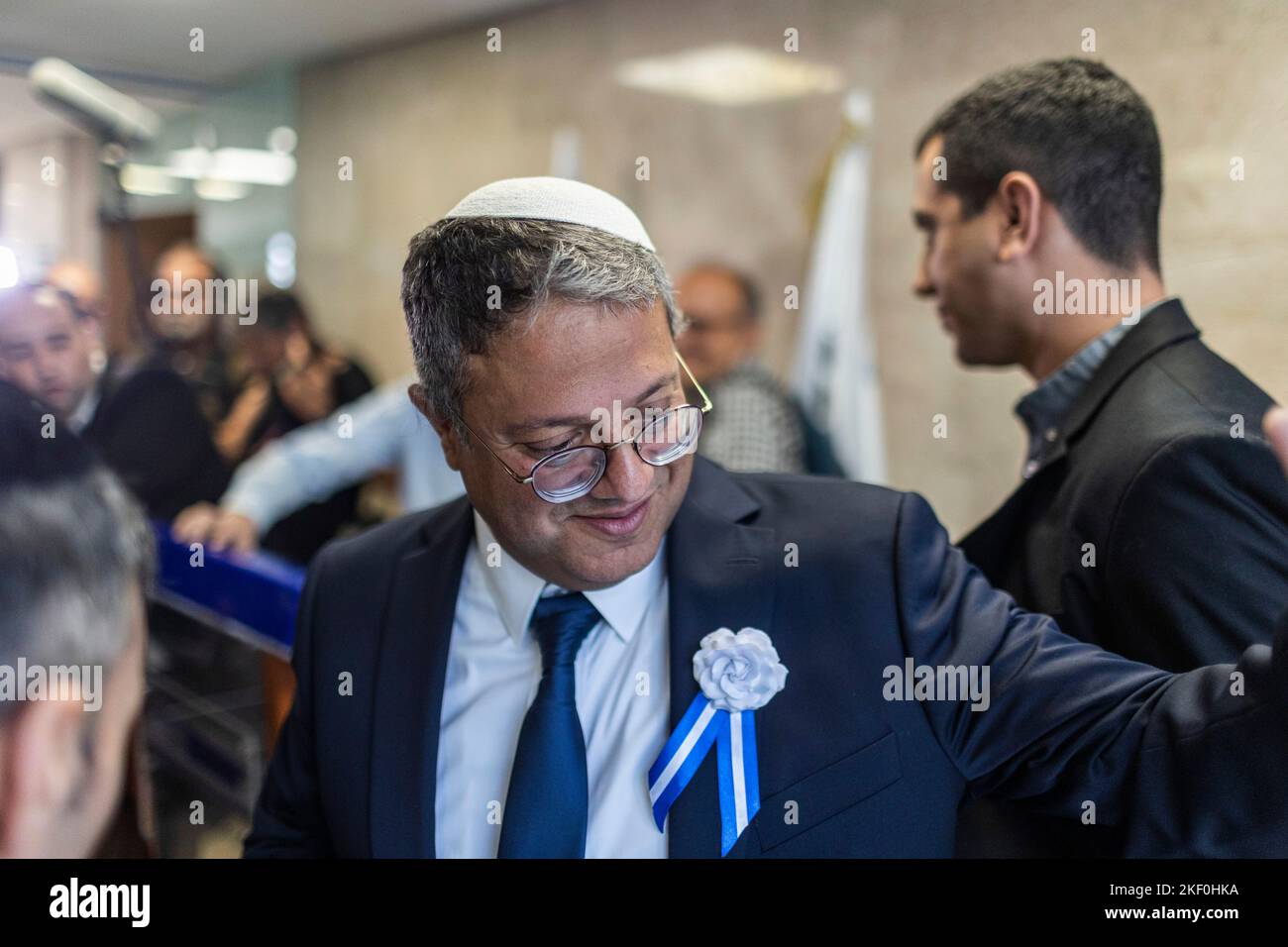 Jerusalem, Israel. 15th Nov, 2022. Israeli far right Knesset member Itamar Ben Gvir arrives to attend the swearing in of Israel's 25th parliament (Knesset). Credit: Ilia Yefimovich/dpa/Alamy Live News Stock Photo