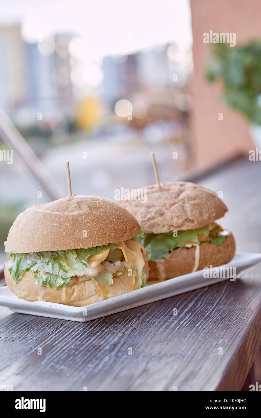 Vegan homemade burgers with vegetable cutlet and greens outside Stock