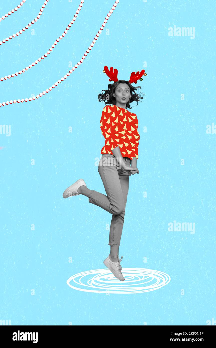 Vertical collage image of excited black white gamma girl jumping pouted