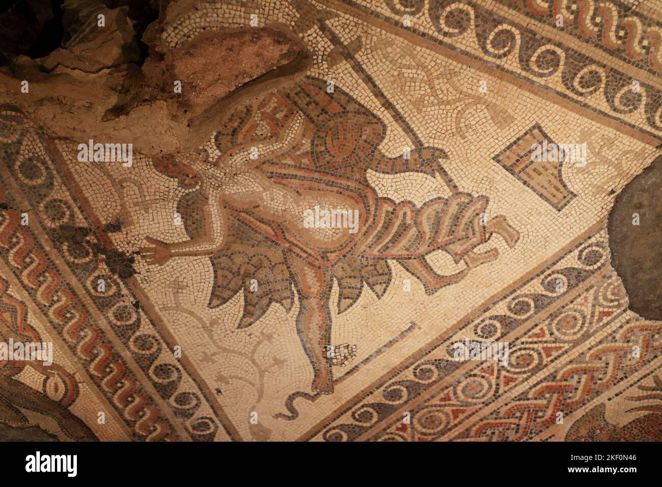 Mosaics at Chedworth Roman villa, Yanworth, Cheltenham, Gloucestershire, England, UK. Stock Photo