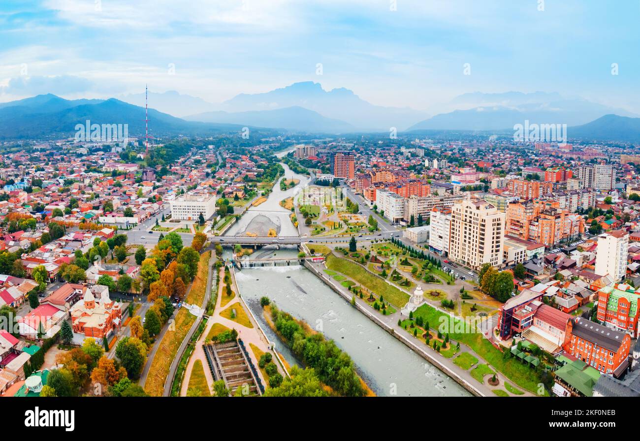Vladikavkaz aerial panoramic view. Vladikavkaz is the capital city of ...