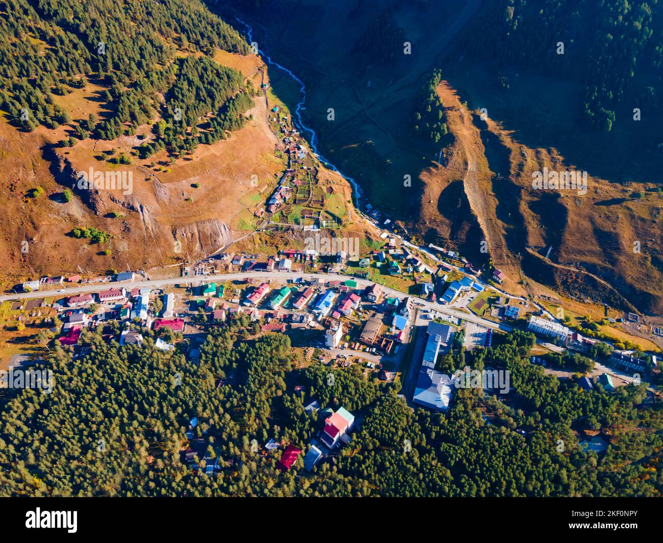Terskol aerial panoramic view. Terskol is a village located at the foot ...