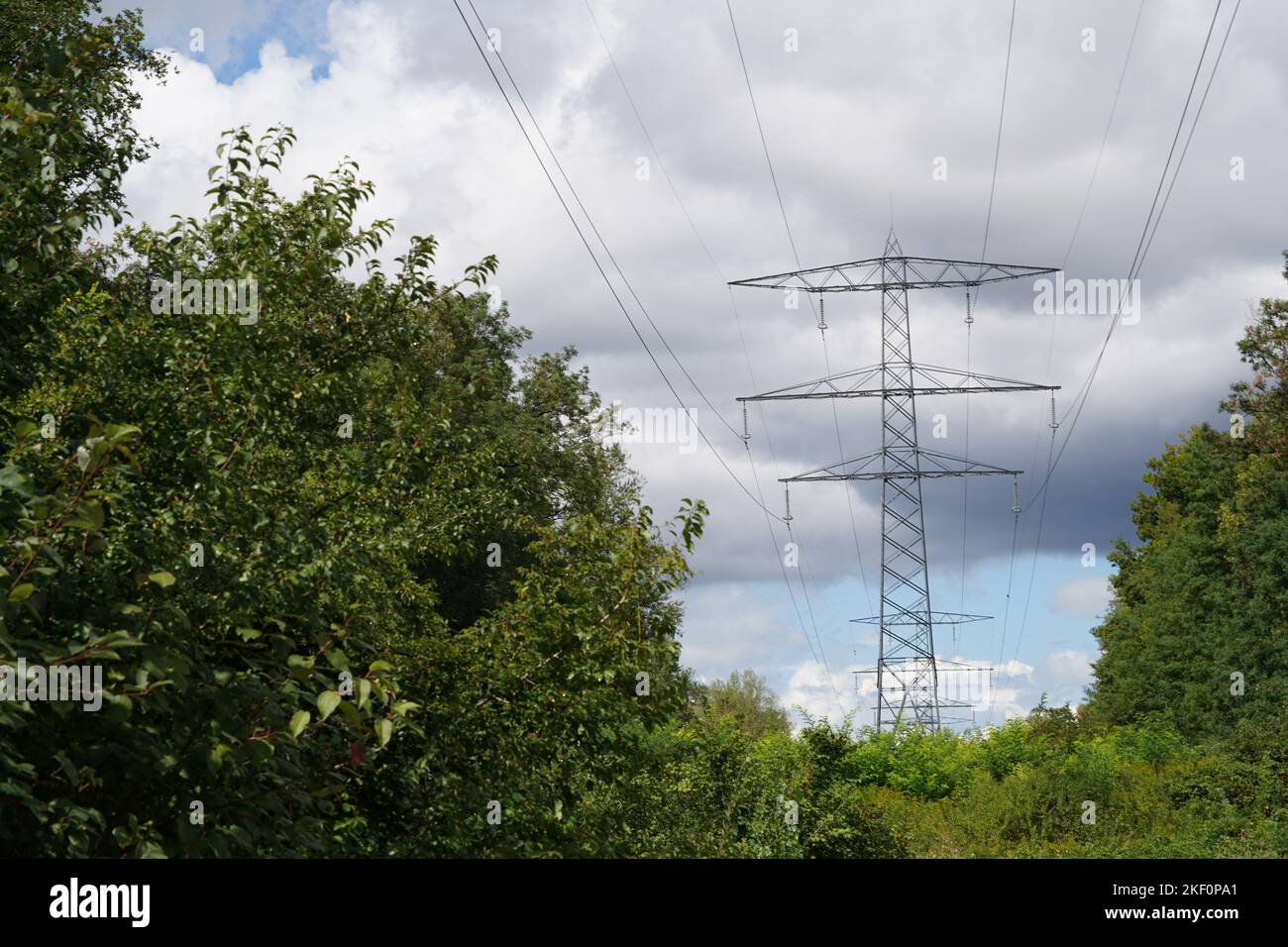 High voltage metal pylon for transfer of electricity with overhead wires between green trees. Stock Photo