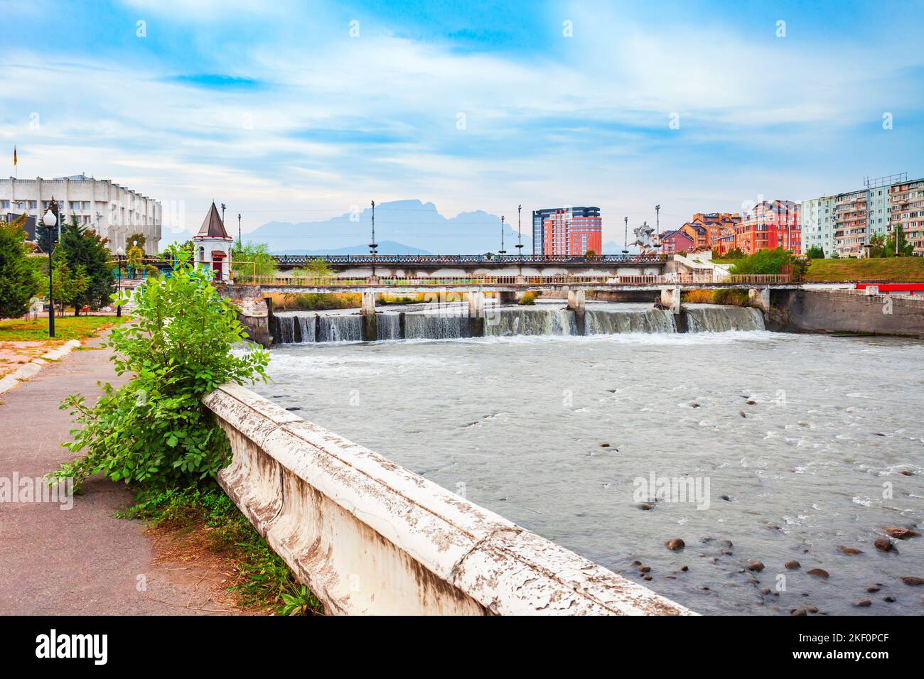 Terek river embankment in the centre of Vladikavkaz city, North Ossetia-Alania, Russia Stock Photo