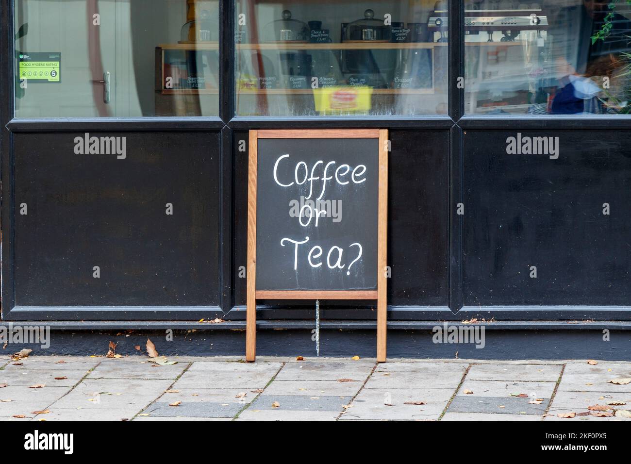 Coffee or Tea? A sign outside a cafe on Archway Road, London, UK Stock