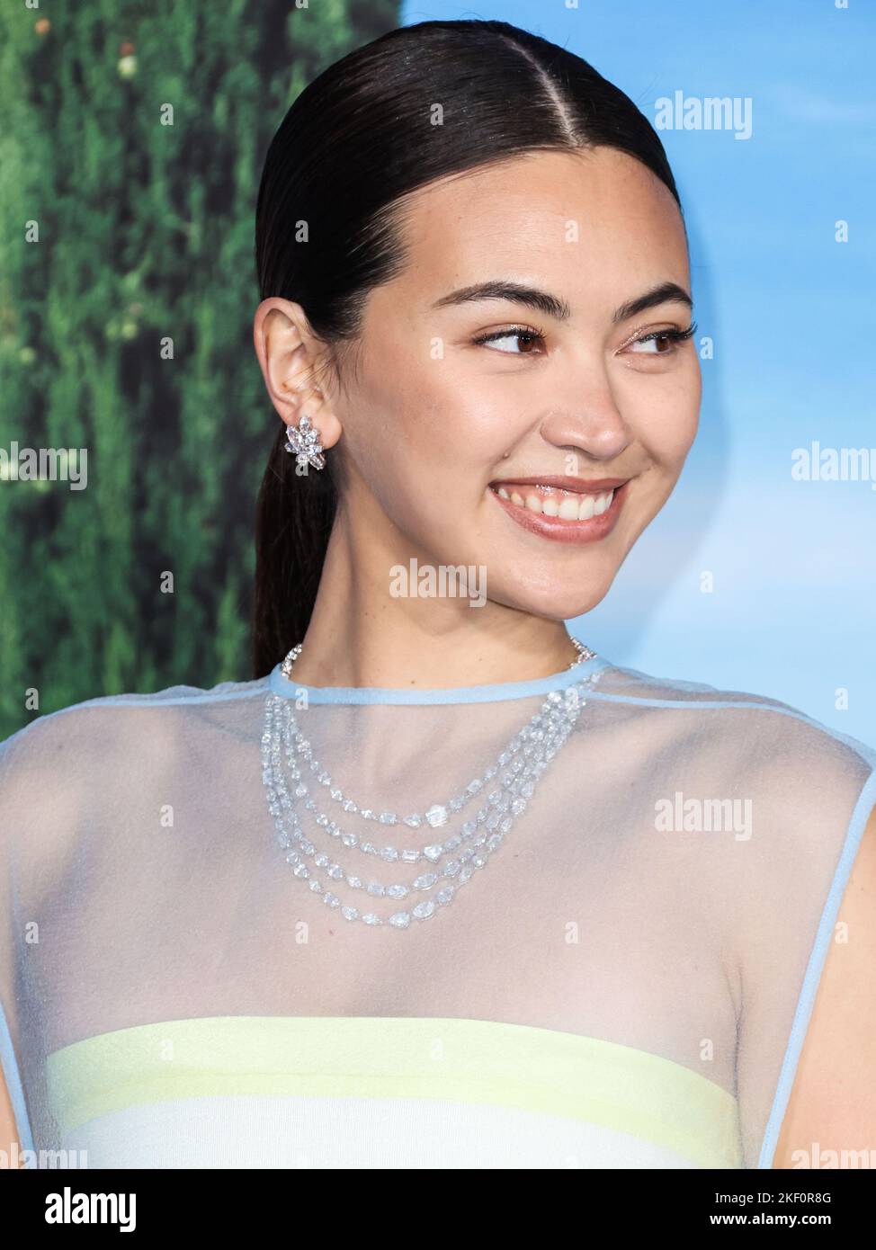 LOS ANGELES, CALIFORNIA, USA - NOVEMBER 14: English actress Jessica Henwick wearing a Tory Burch dress arrives at the Los Angeles Premiere Of Netflix's 'Glass Onion: A Knives Out Mystery' held at the Academy Museum of Motion Pictures on November 14, 2022 in Los Angeles, California, United States. (Photo by Xavier Collin/Image Press Agency) Stock Photo