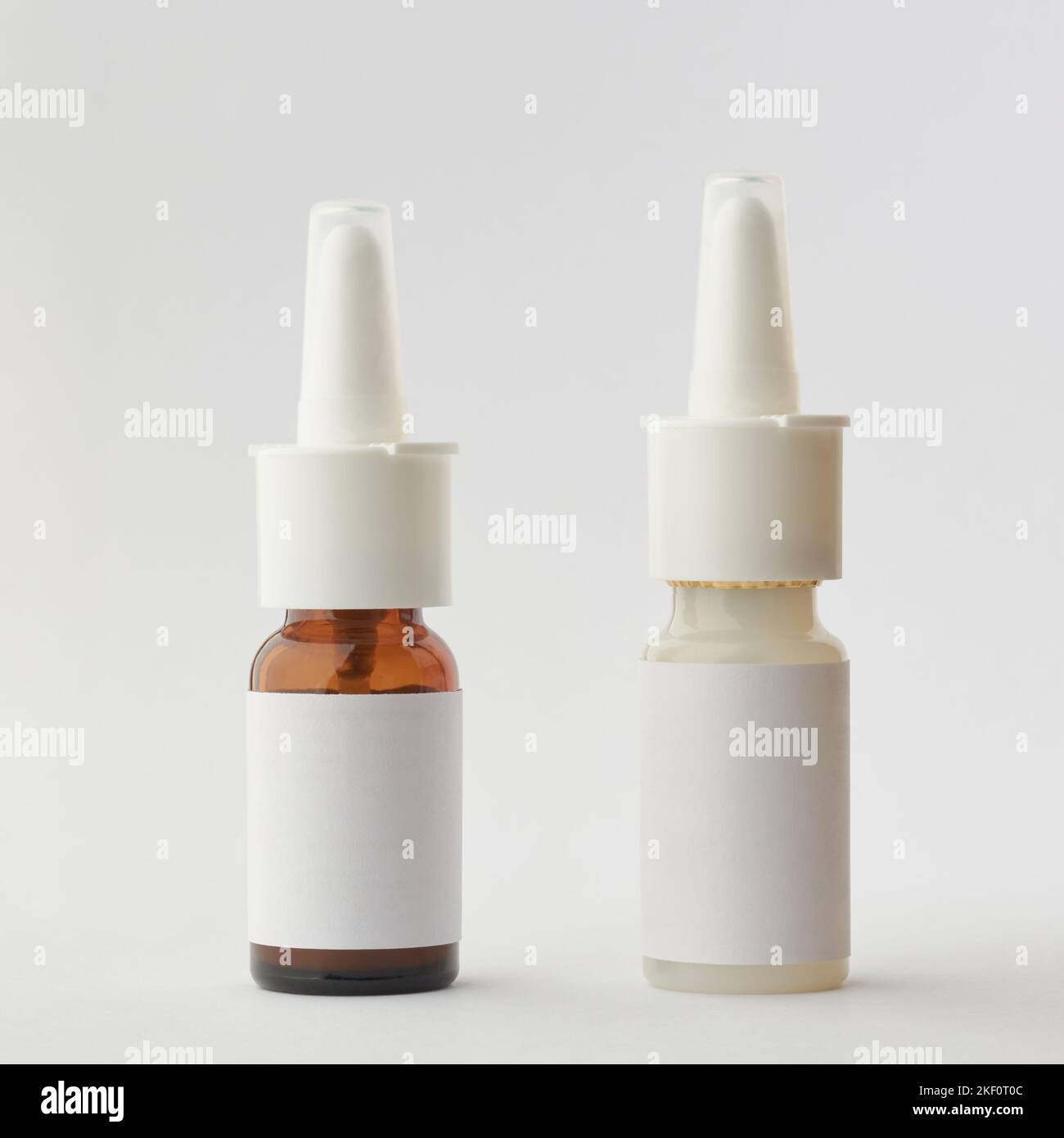 different kind of nasal spray bottles mockup, brown glass and white